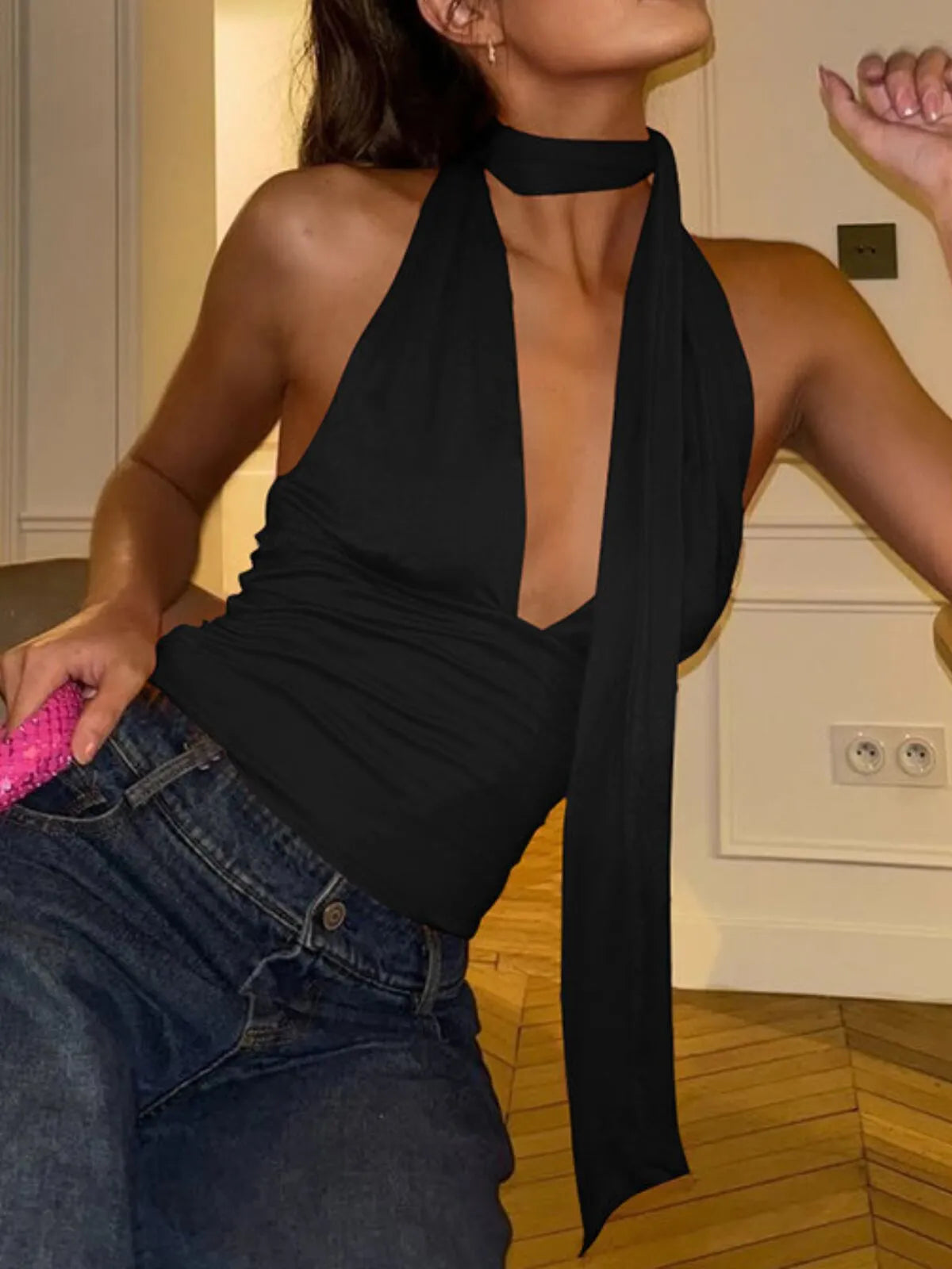 Solid Lace-up Halter Wrap Cami