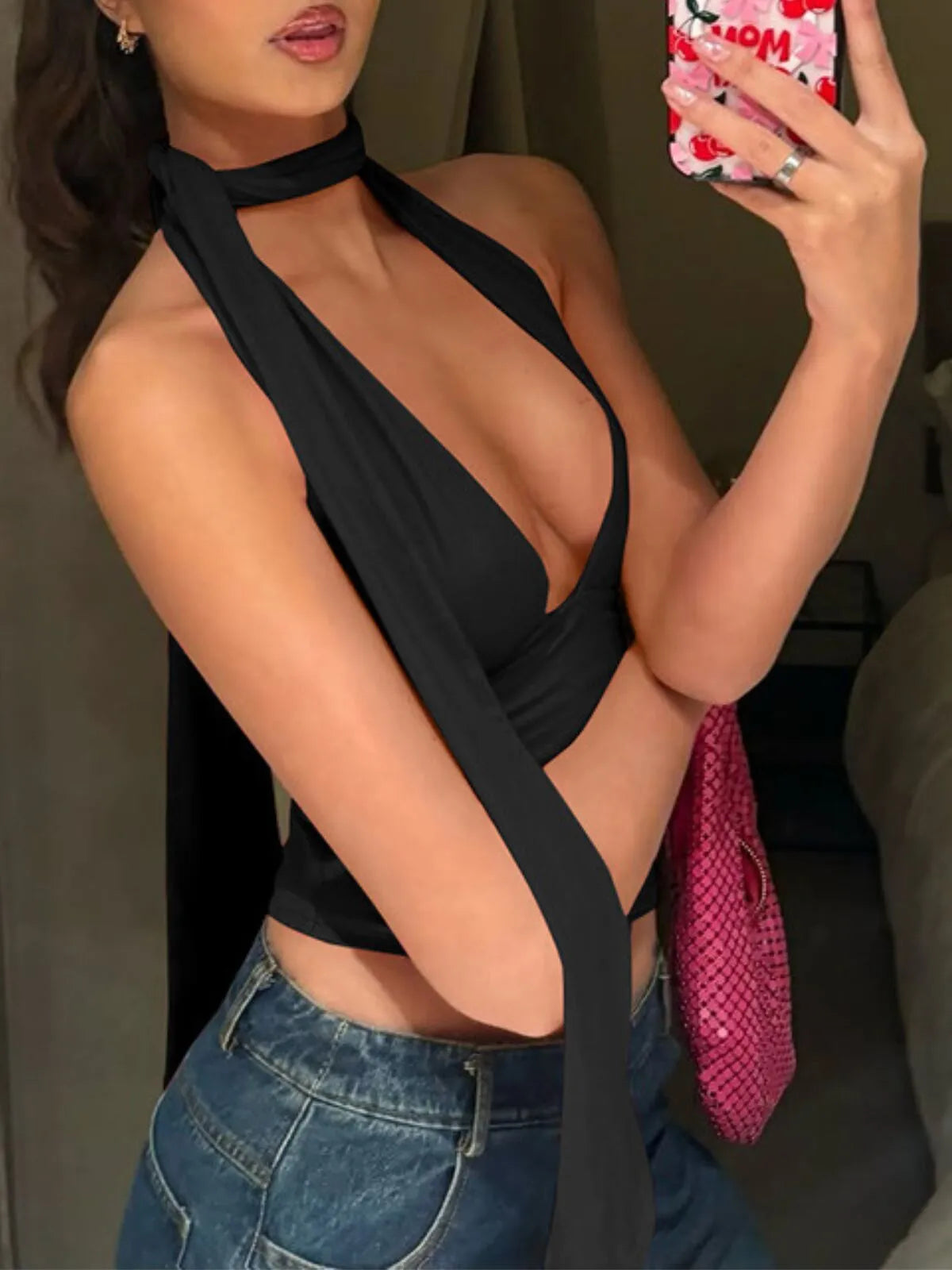 Solid Lace-up Halter Wrap Cami