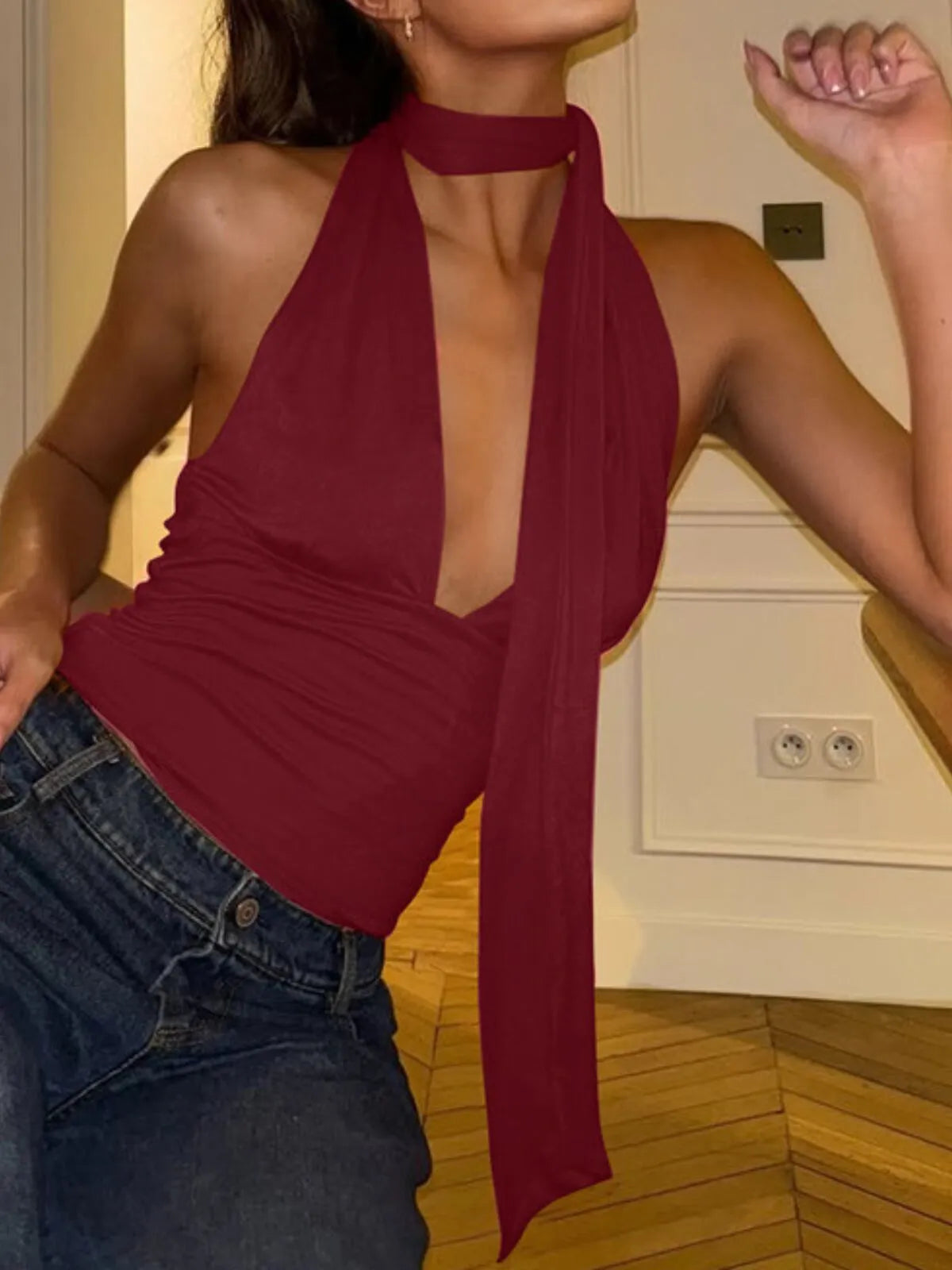 Solid Lace-up Halter Wrap Cami