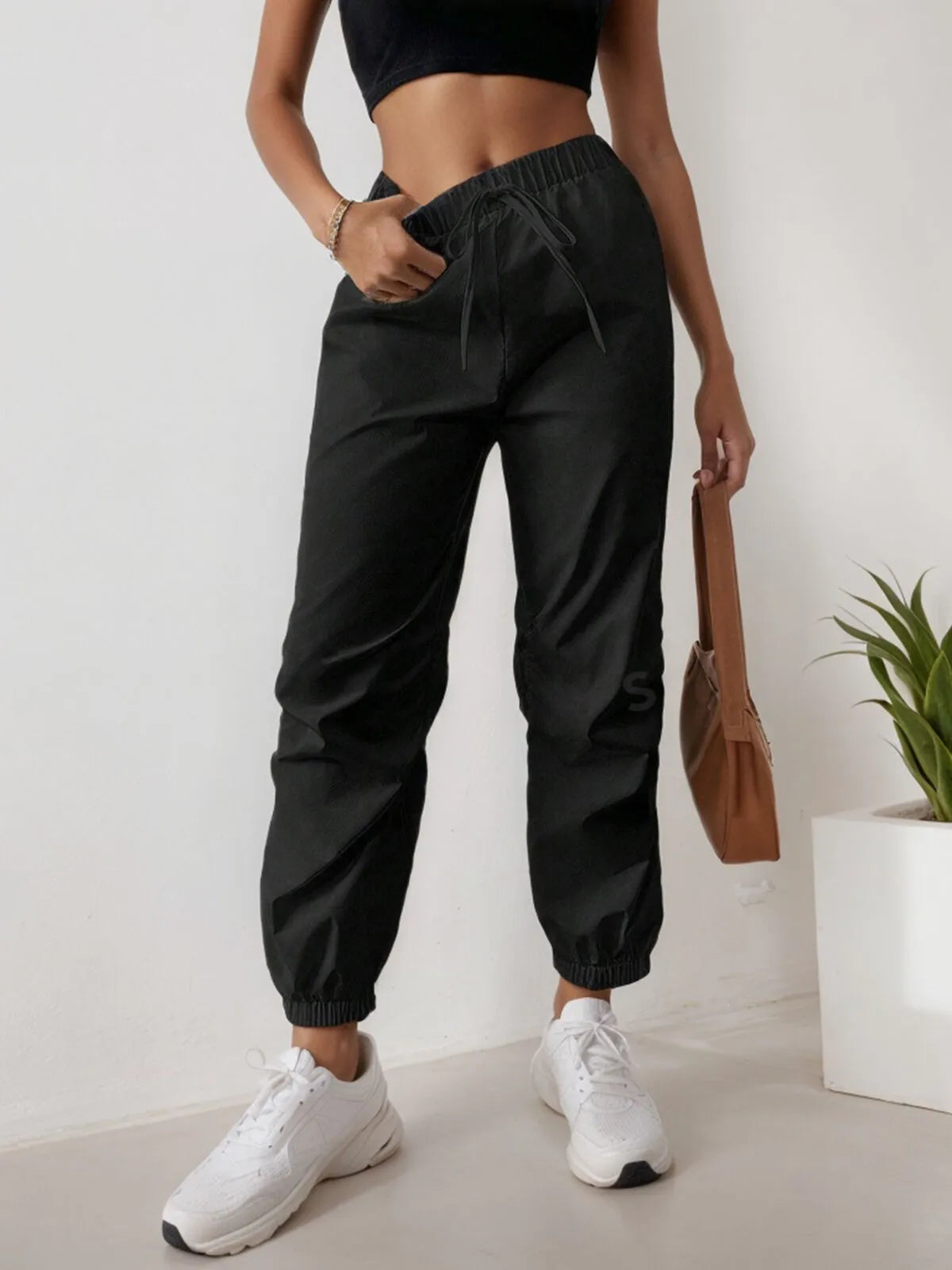 Solid Lace-up High Rise Elastic Waist Sweatpants