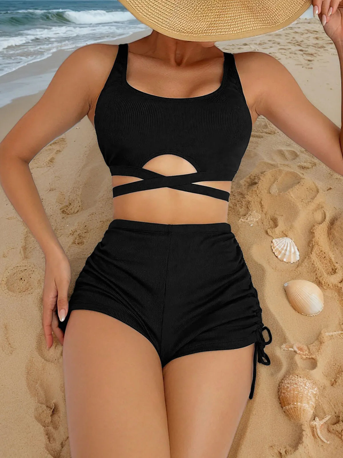 Solid Lace-up High Rise Spaghetti Strap Bikini