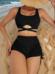 Solid Lace-up High Rise Spaghetti Strap Bikini