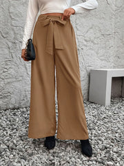 Solid Lace-up High Rise Tie Palazzo Pants