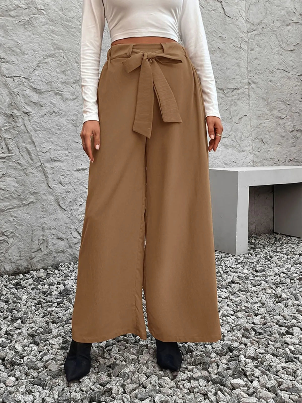Solid Lace-up High Rise Tie Palazzo Pants