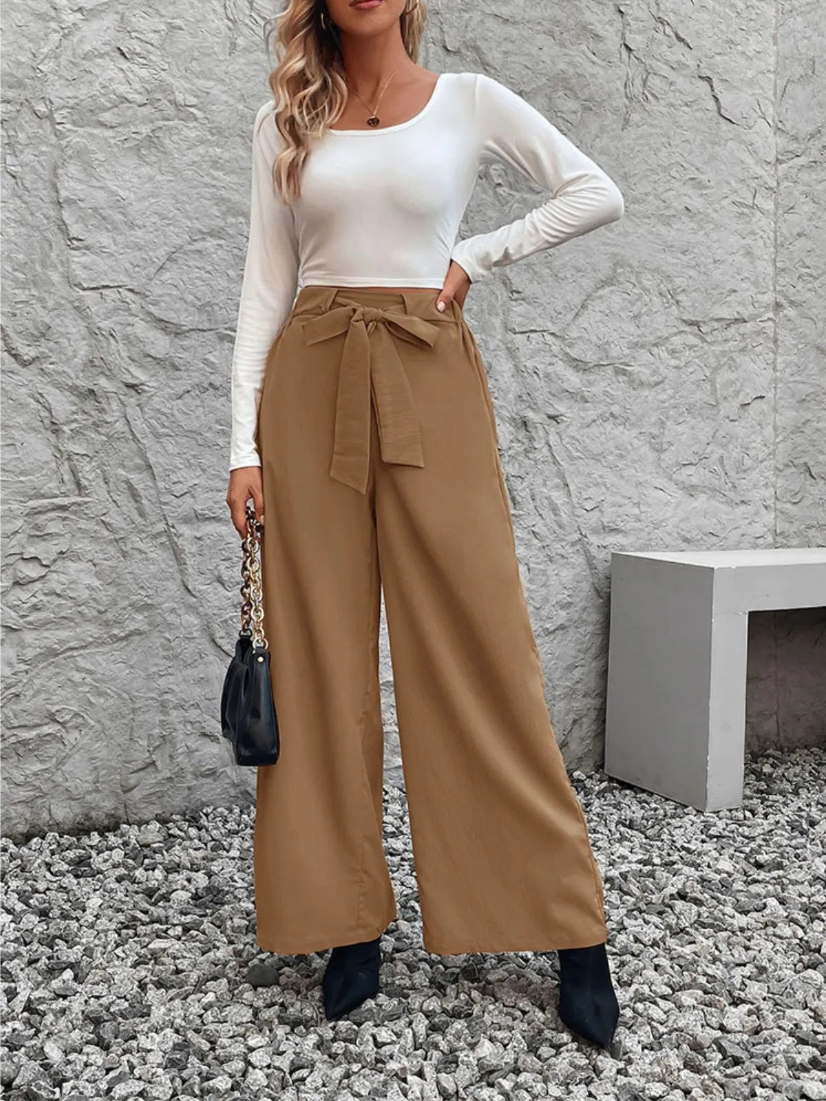Solid Lace-up High Rise Tie Palazzo Pants