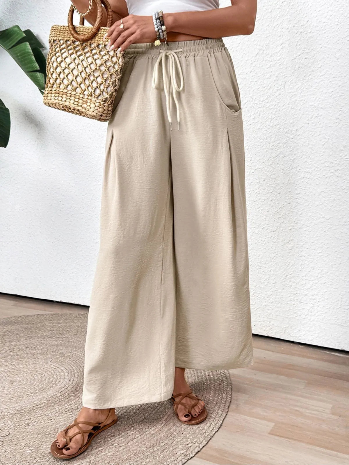 Solid Lace-up High Rise Tie Palazzo Pants