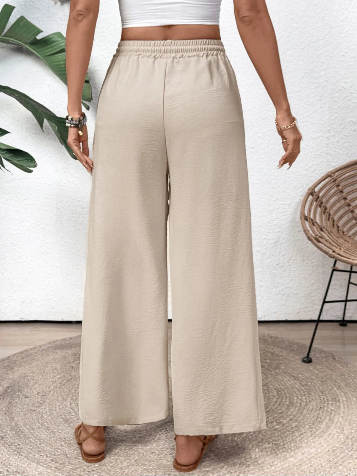 Solid Lace-up High Rise Tie Palazzo Pants