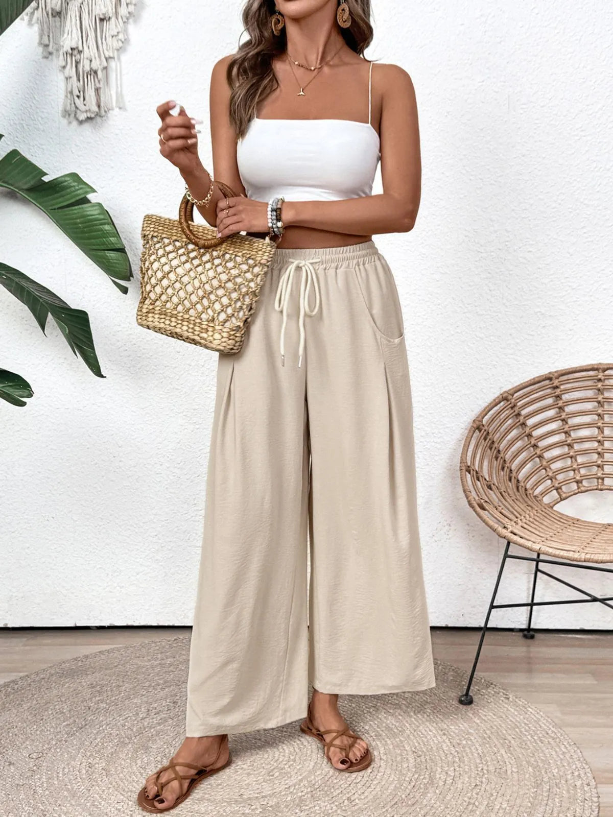 Solid Lace-up High Rise Tie Palazzo Pants