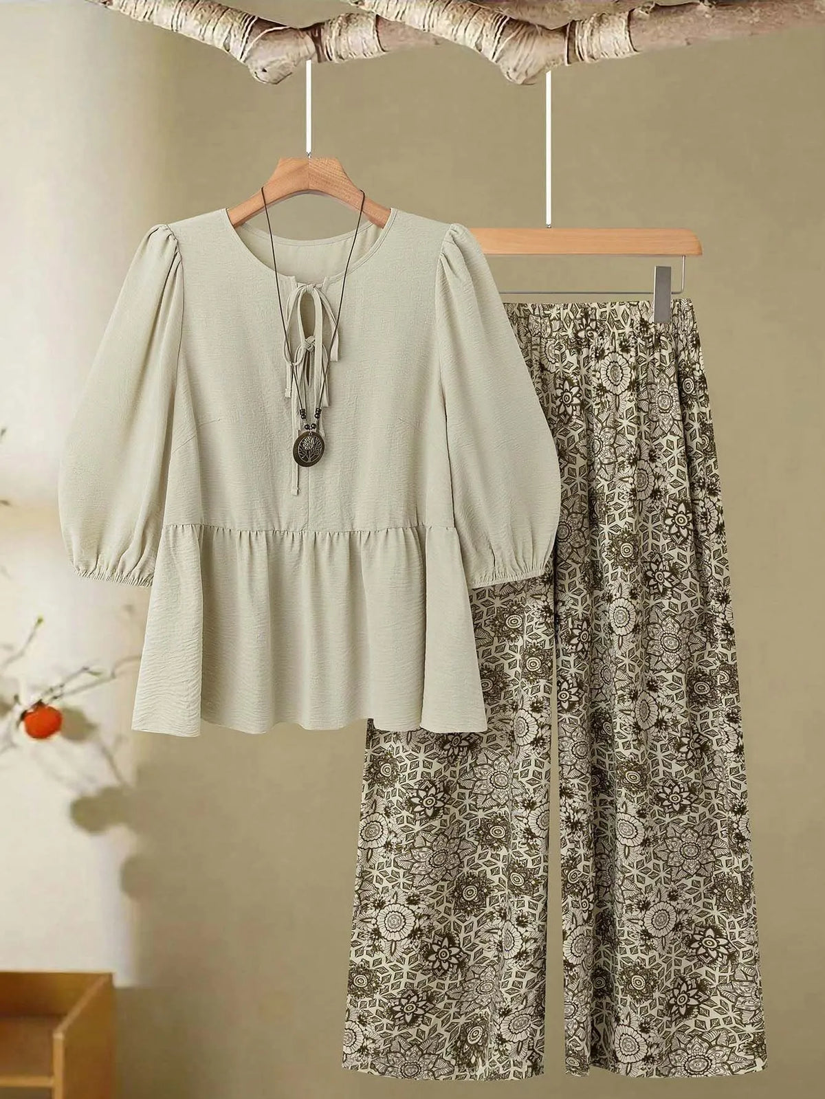 Solid Lace-up Lantern Sleeve Blouse & Ditsy Floral Palazzo Pants