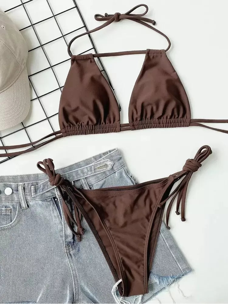 Solid Lace-up Low Rise Bikini 