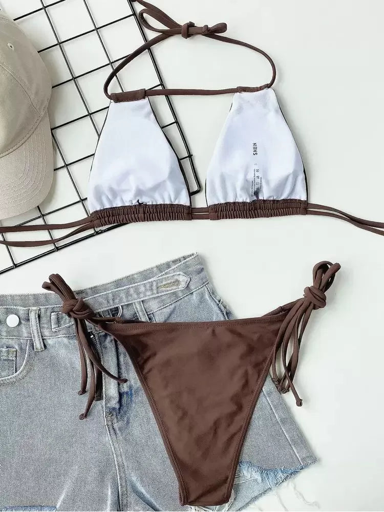 Solid Lace-up Low Rise Bikini 