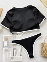 Solid Lace-up Low Rise Regular Sleeve Bikini 