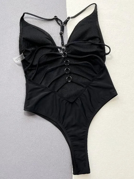 Solid Lace-up Low Rise Spaghetti Strap One-piece