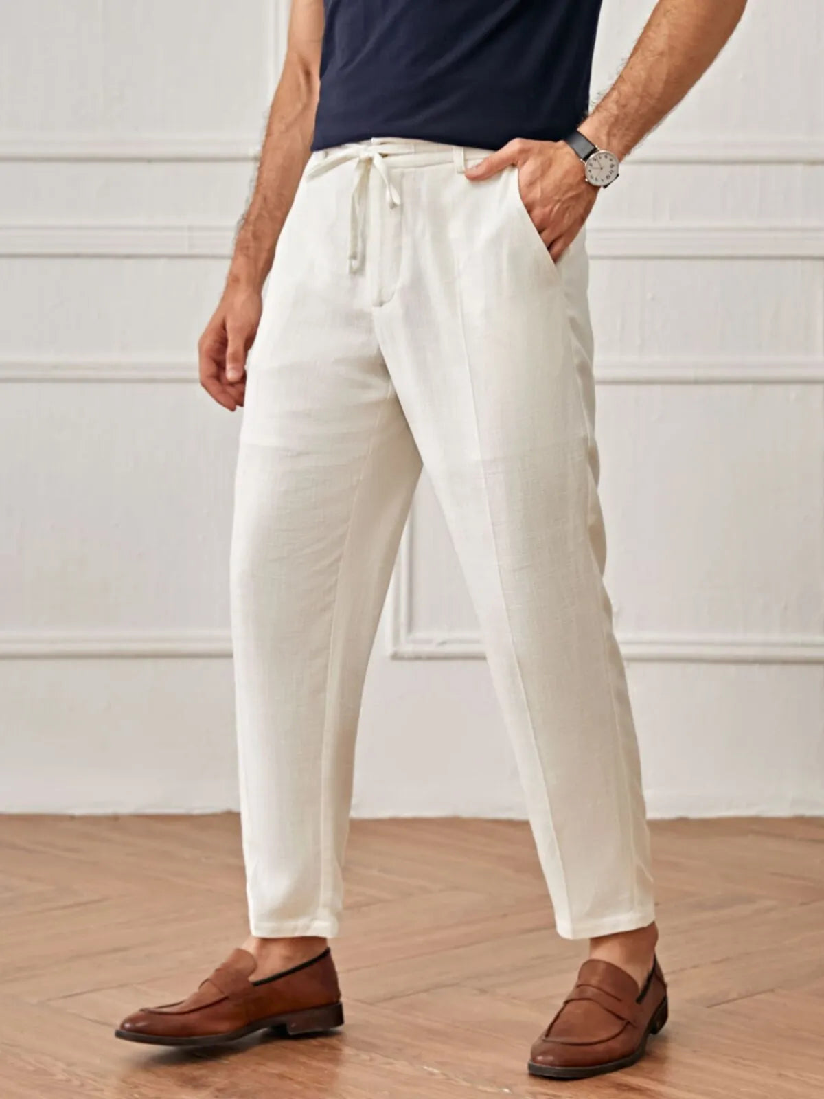 Men Solid Casual Lace-up Medium Rise Zipper Fly Tapered Pants