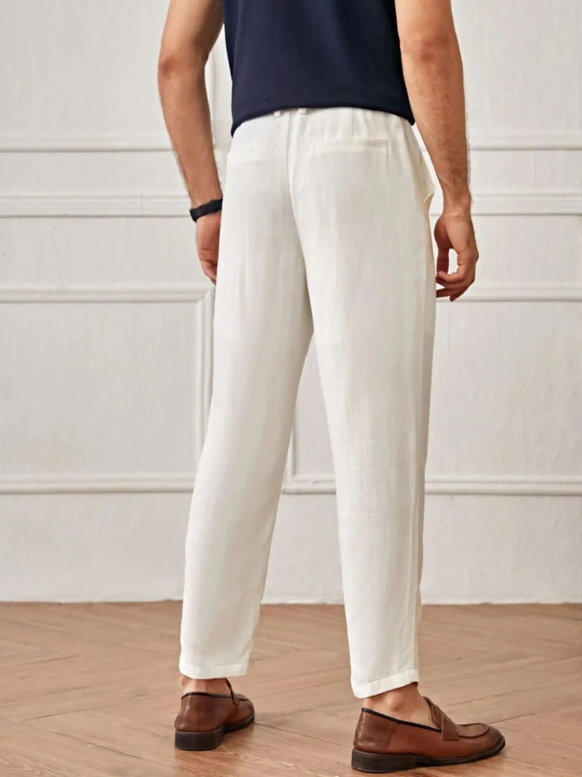 Men Solid Casual Lace-up Medium Rise Zipper Fly Tapered Pants