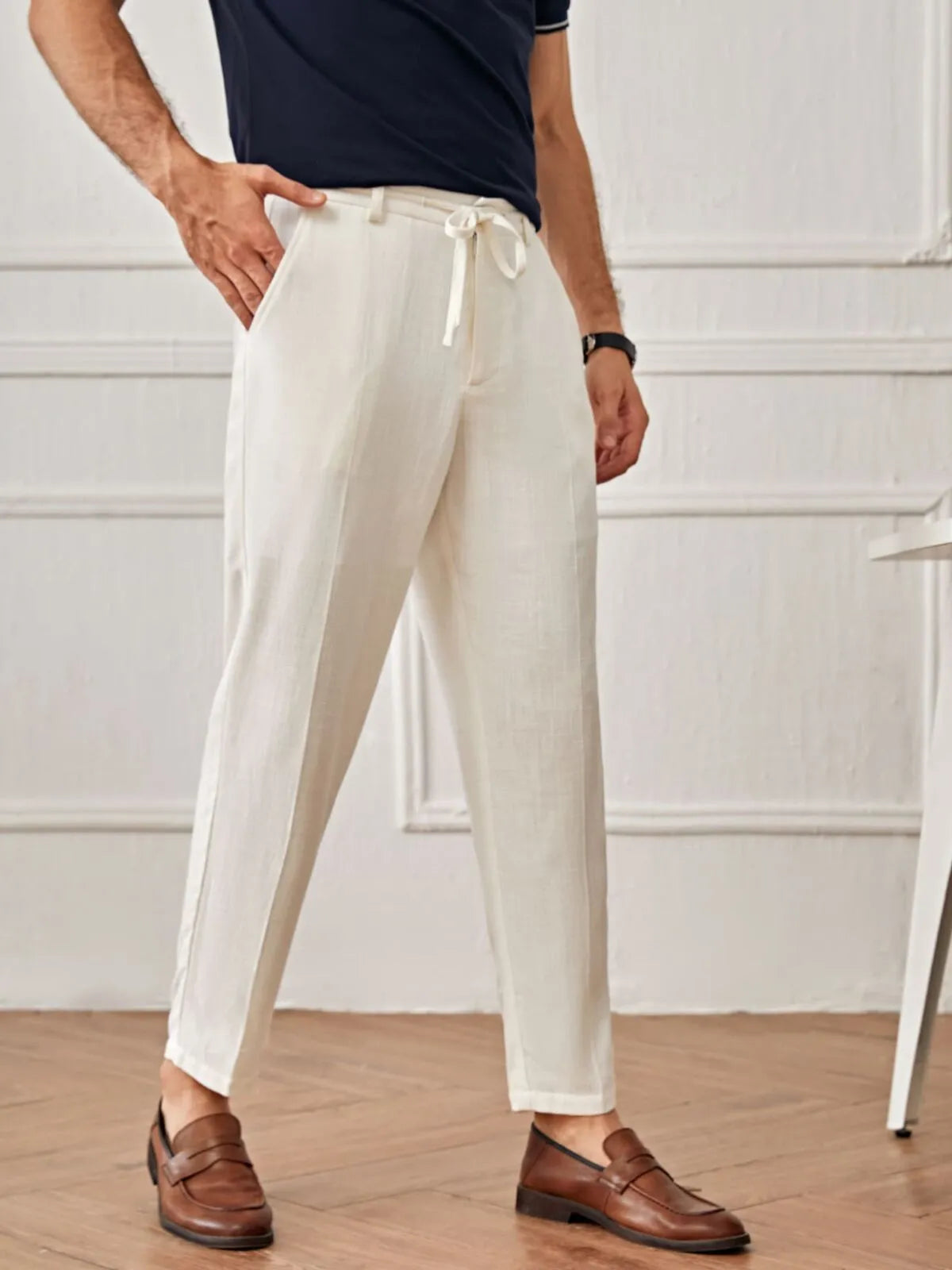 Men Solid Casual Lace-up Medium Rise Zipper Fly Tapered Pants