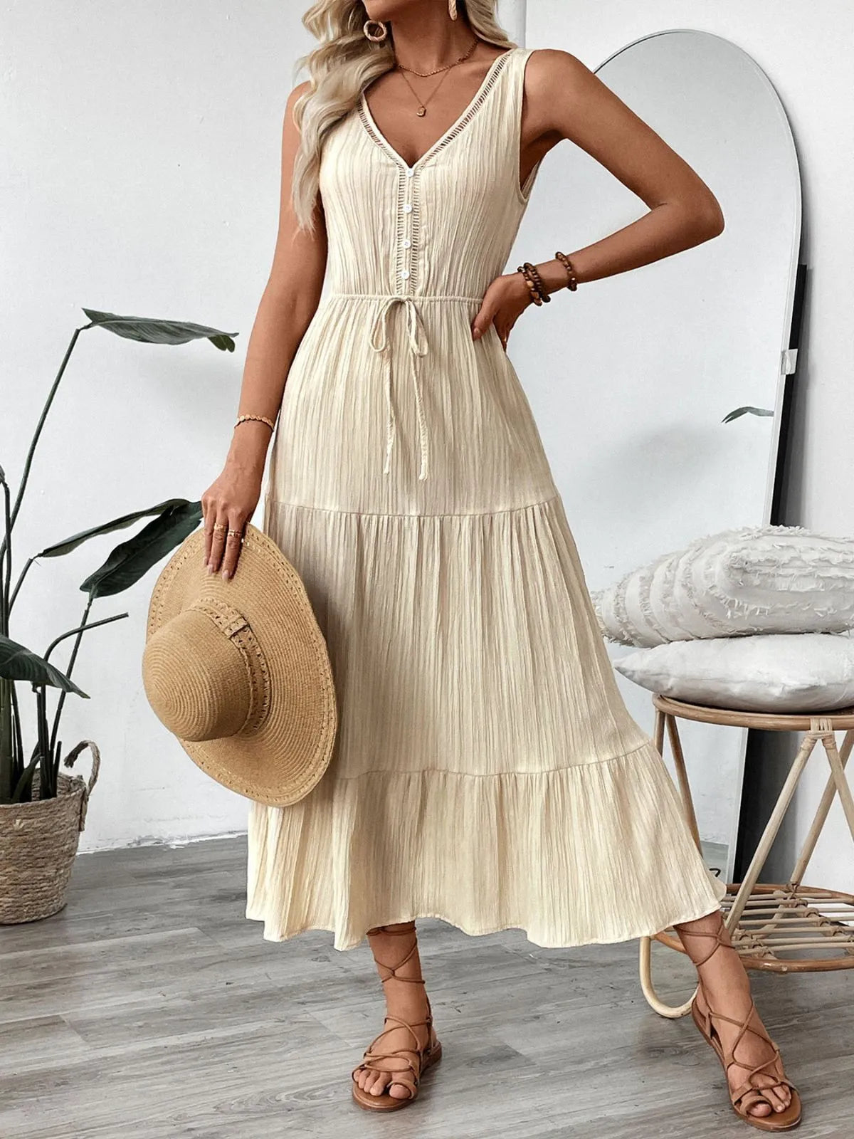 Solid Lace-up V-neck Fit And Flare Dress