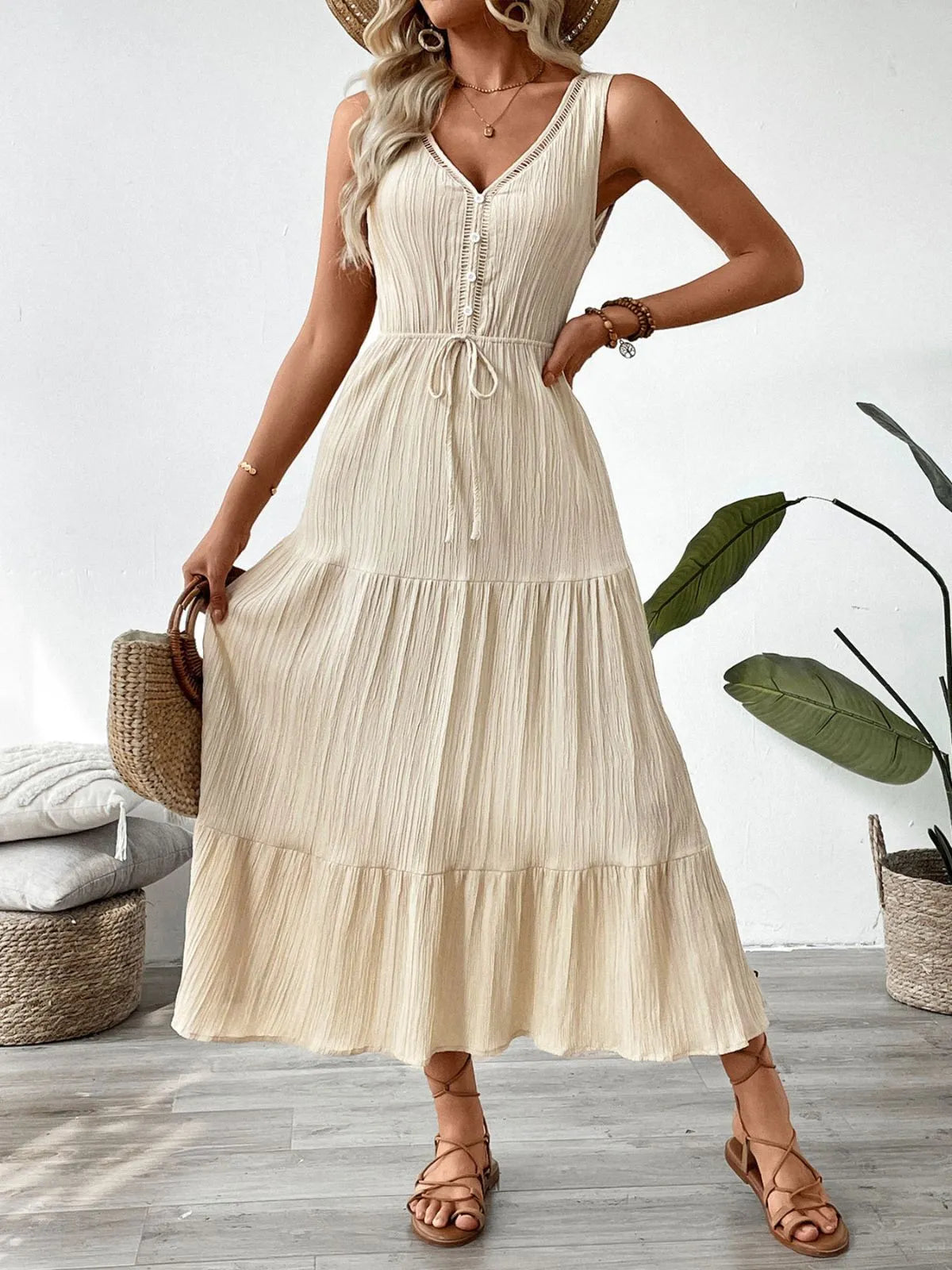 Solid Lace-up V-neck Fit And Flare Dress