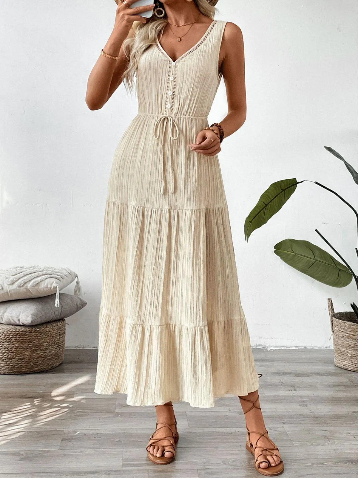 Solid Lace-up V-neck Fit And Flare Dress