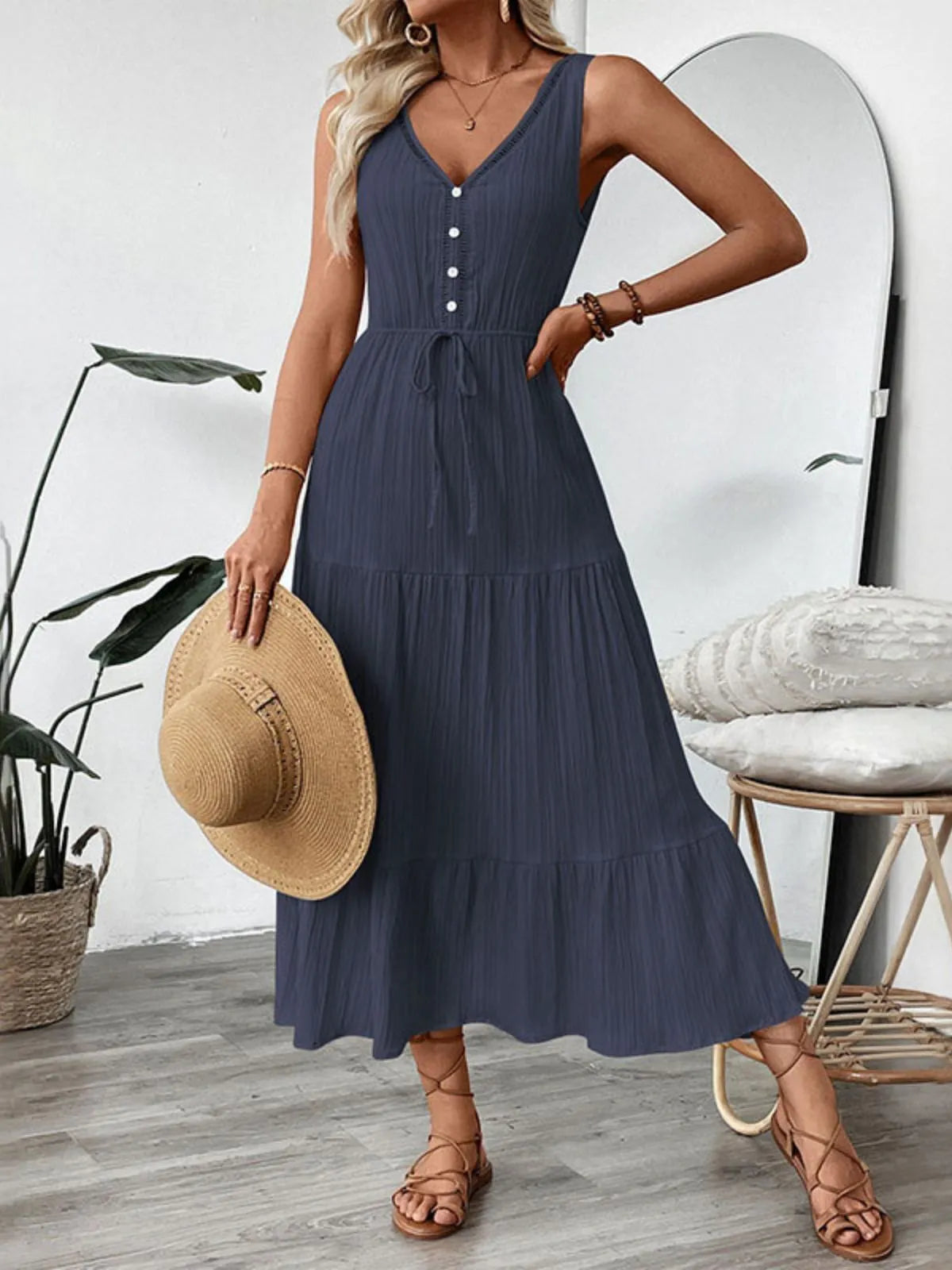Solid Lace-up V-neck Fit And Flare Dress