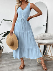 Solid Lace-up V-neck Fit And Flare Dress