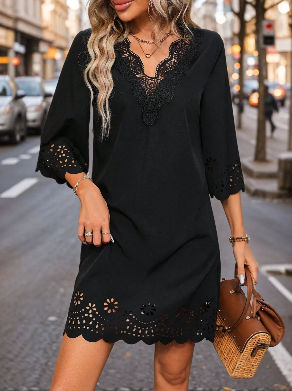 Solid Elegant Hollow Out V-neck A-line Dress