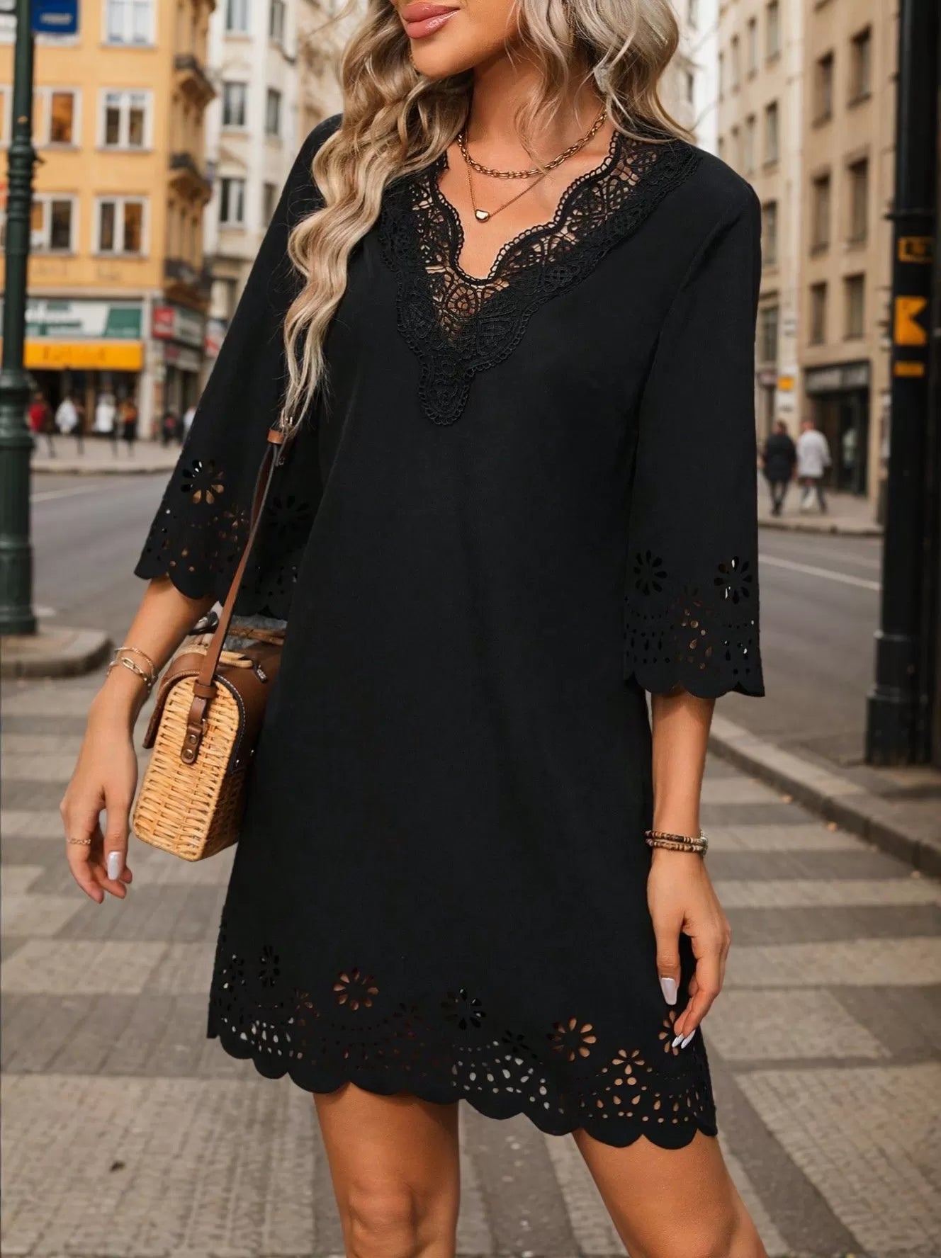 Solid Elegant Hollow Out V-neck A-line Dress
