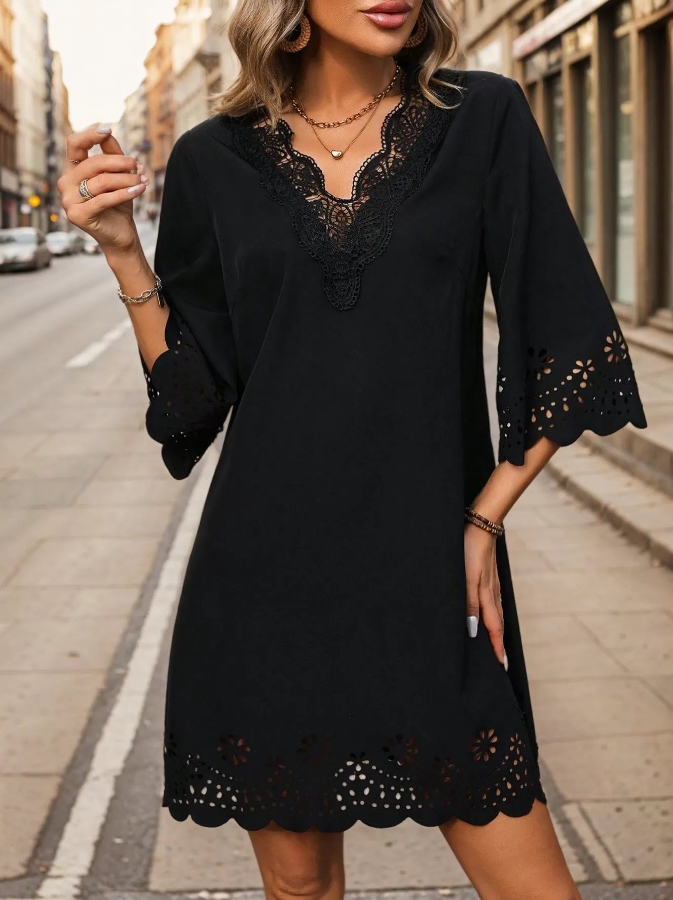 Solid Elegant Hollow Out V-neck A-line Dress