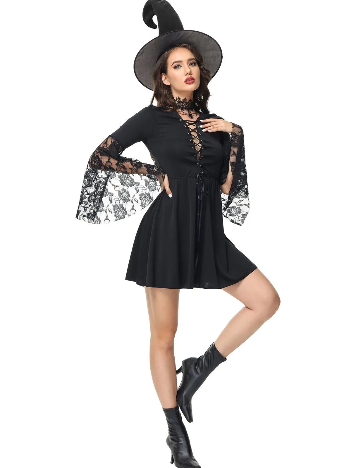 3pcs Solid Halloween Cosplay Wizard Floral Lace V-neck Lace up Flare A-line Dress Accessories Included