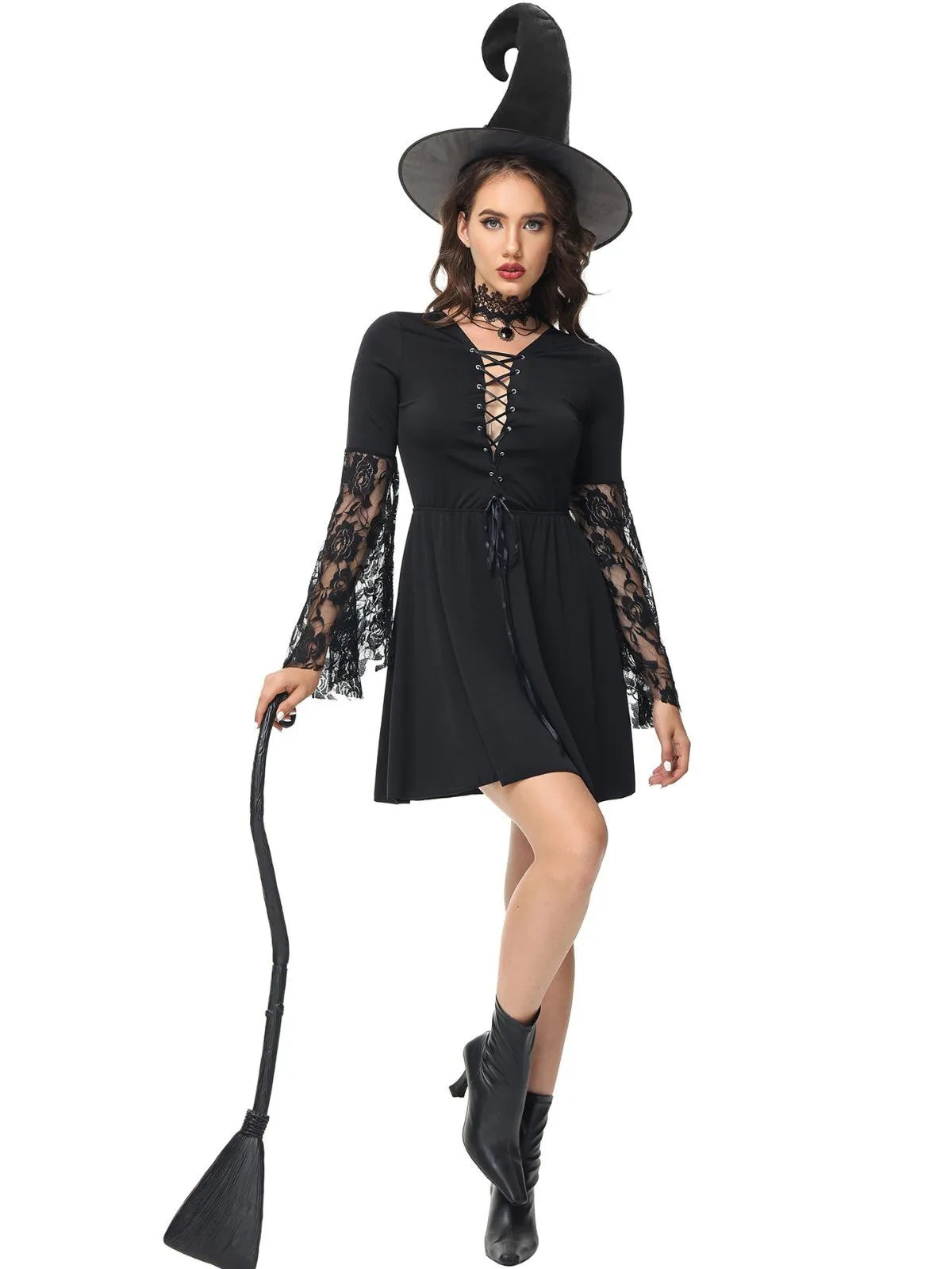 3pcs Solid Halloween Cosplay Wizard Floral Lace V-neck Lace up Flare A-line Dress Accessories Included