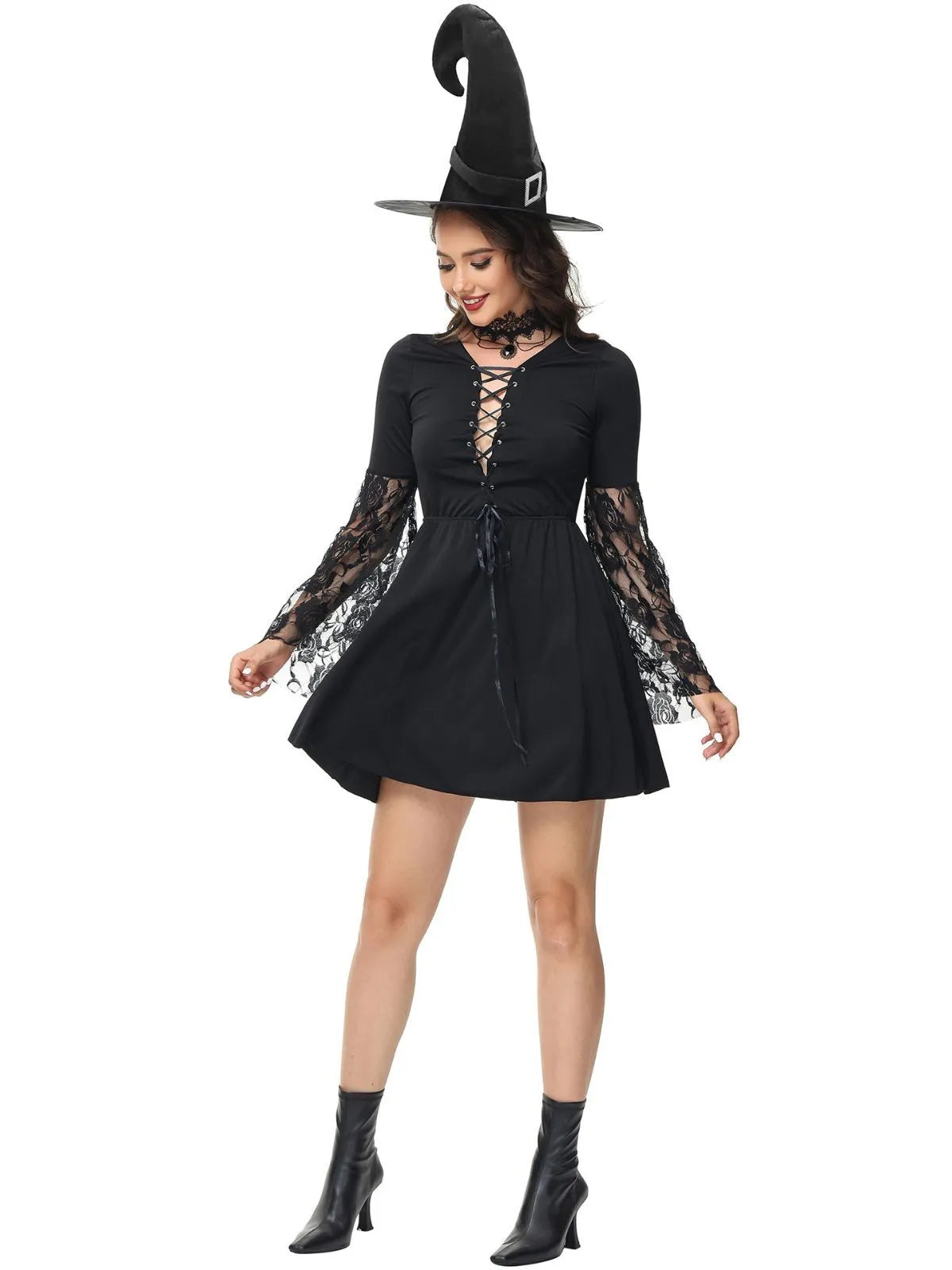 3pcs Solid Halloween Cosplay Wizard Floral Lace V-neck Lace up Flare A-line Dress Accessories Included