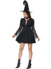 3pcs Solid Halloween Cosplay Wizard Floral Lace V-neck Lace up Flare A-line Dress Accessories Included