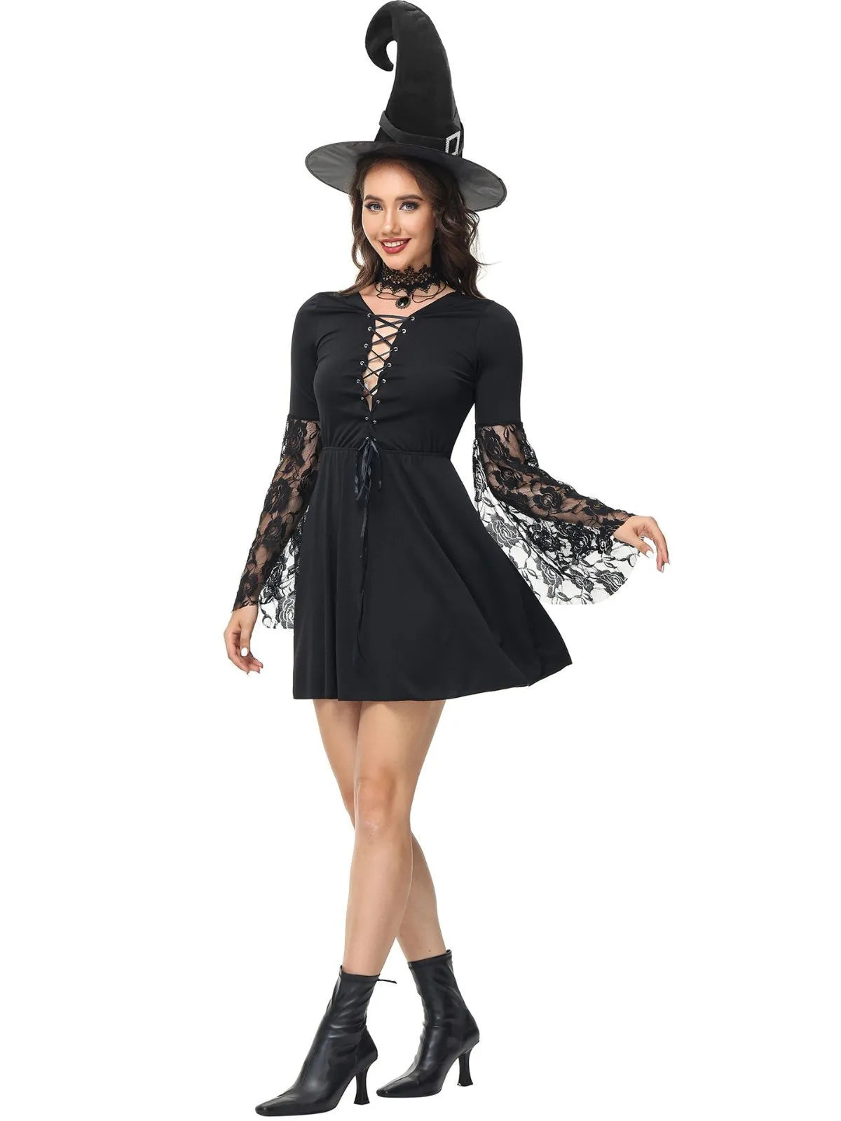 3pcs Solid Halloween Cosplay Wizard Floral Lace V-neck Lace up Flare A-line Dress Accessories Included