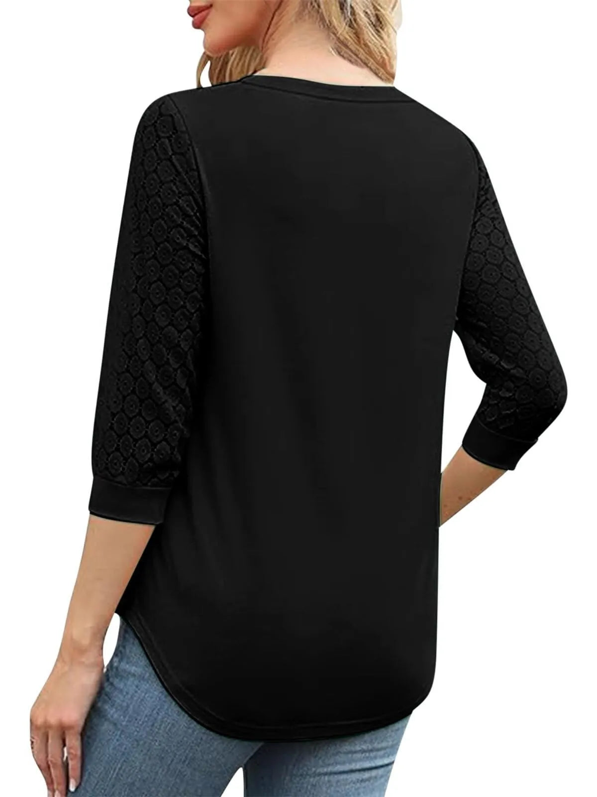 Solid Lace V-Neck Lace Tunic Casual T-shirt