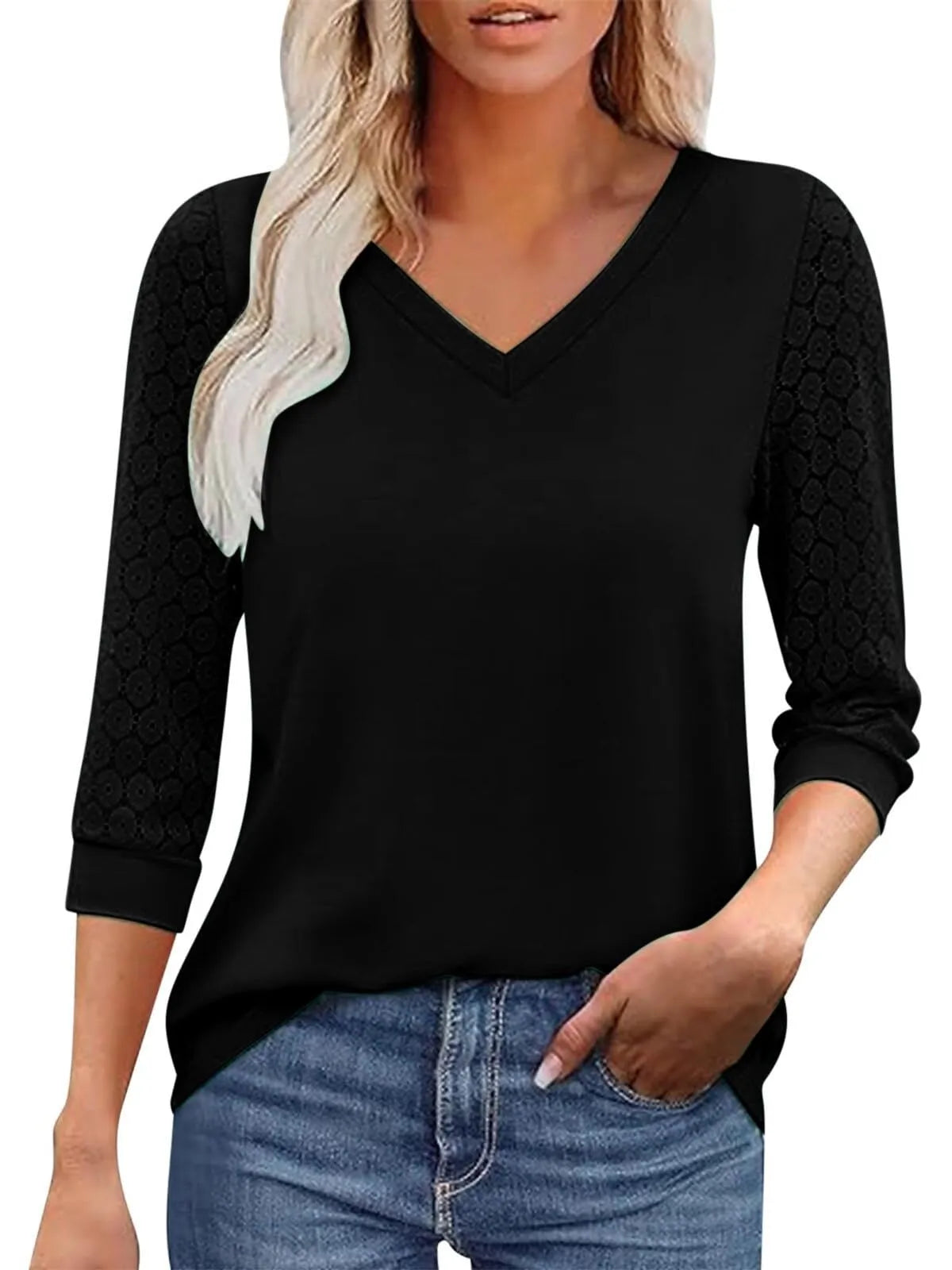 Solid Lace V-Neck Lace Tunic Casual T-shirt