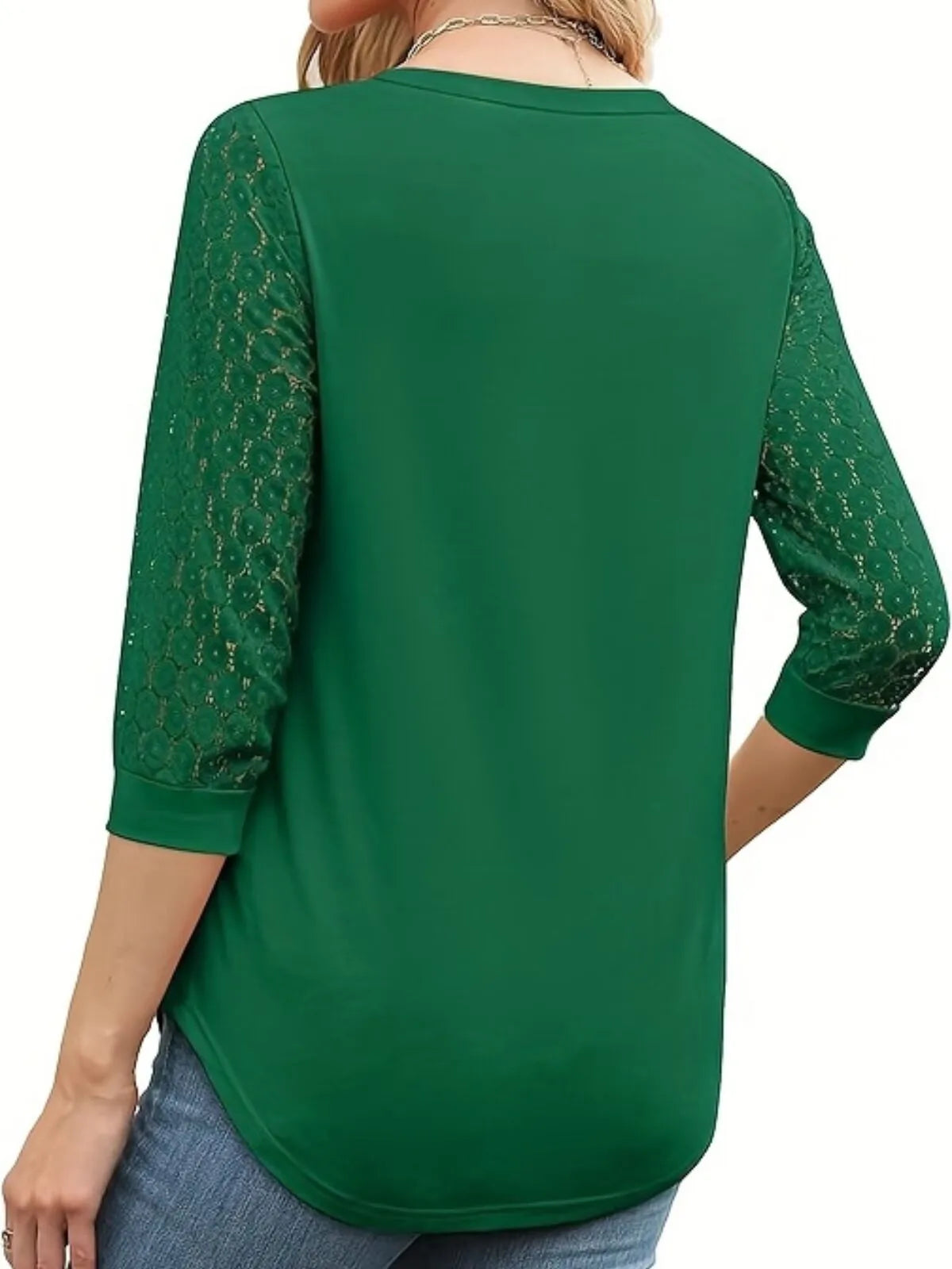 Solid Lace V-Neck Lace Tunic Casual T-shirt