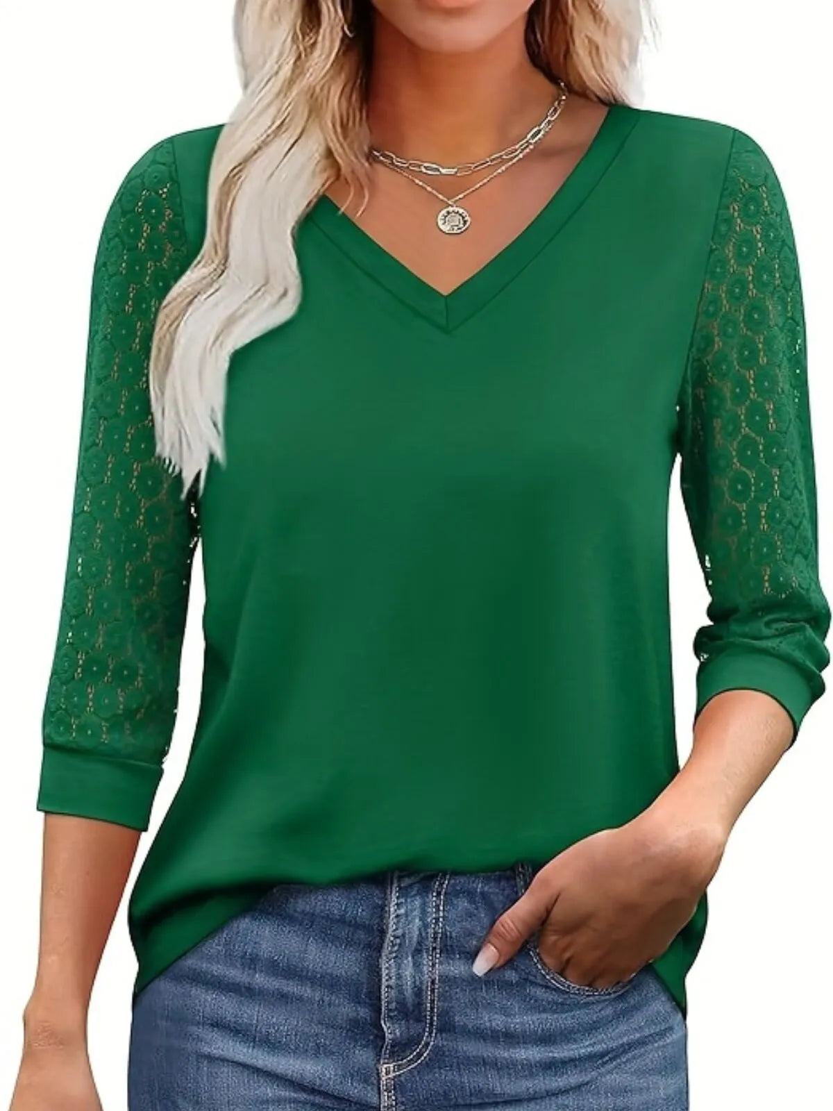 Solid Lace V-Neck Lace Tunic Casual T-shirt