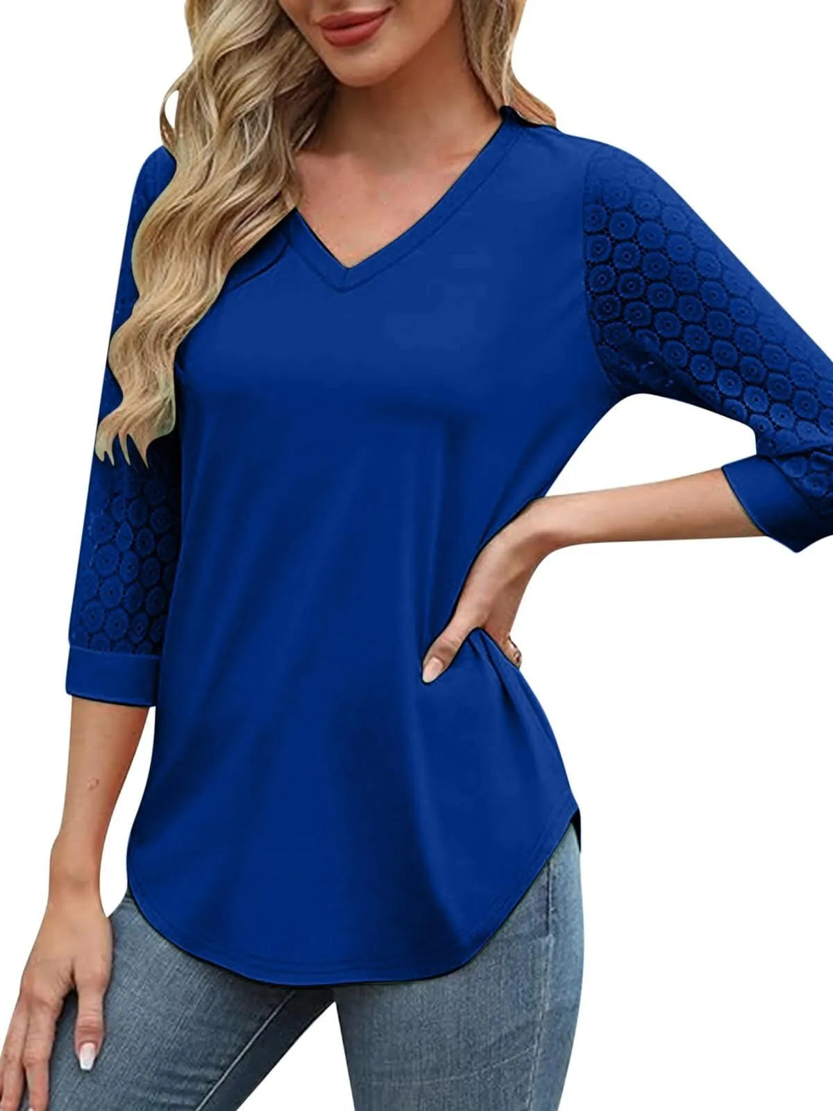 Solid Lace V-Neck Lace Tunic Casual T-shirt