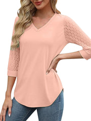 Solid Lace V-Neck Lace Tunic Casual T-shirt