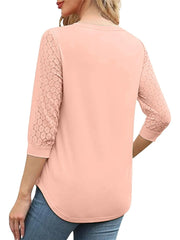 Solid Lace V-Neck Lace Tunic Casual T-shirt