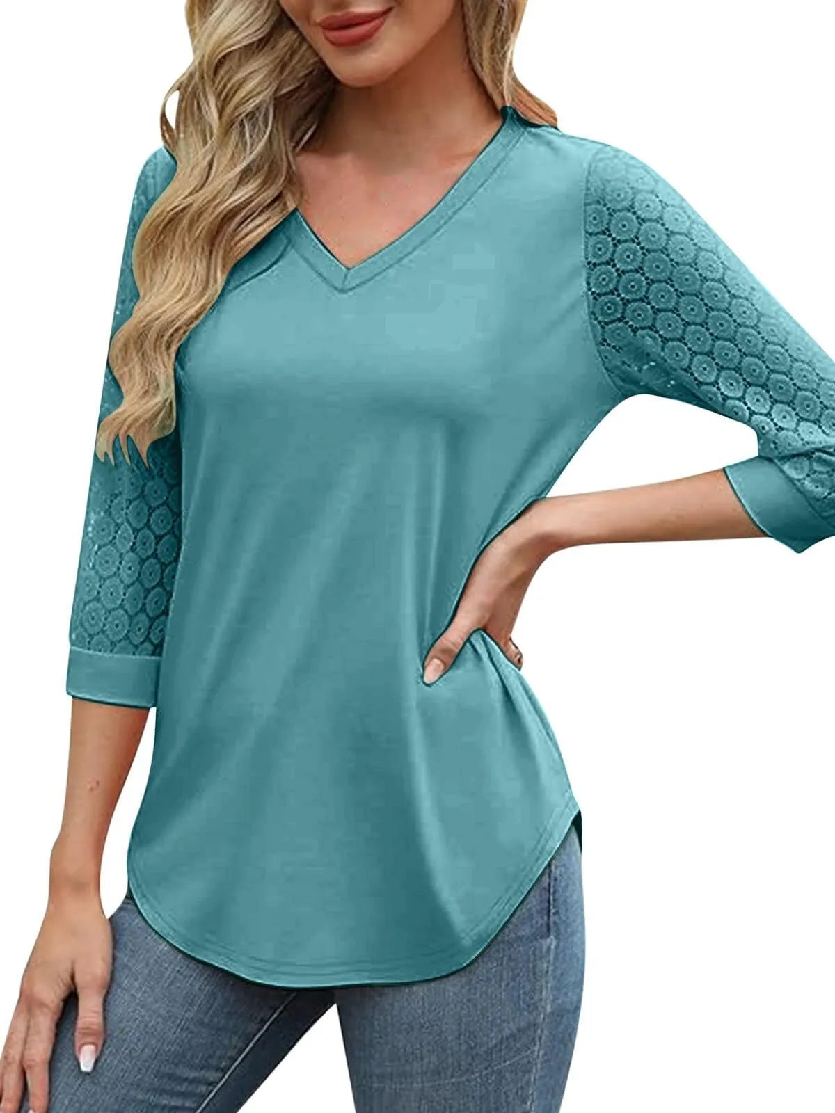 Solid Lace V-Neck Lace Tunic Casual T-shirt