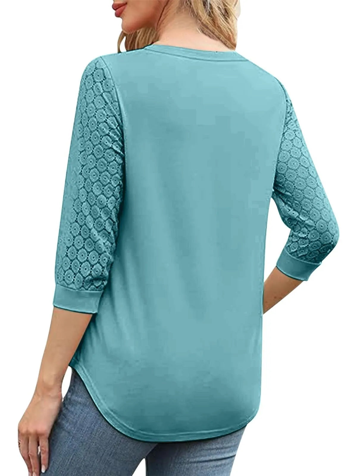 Solid Lace V-Neck Lace Tunic Casual T-shirt