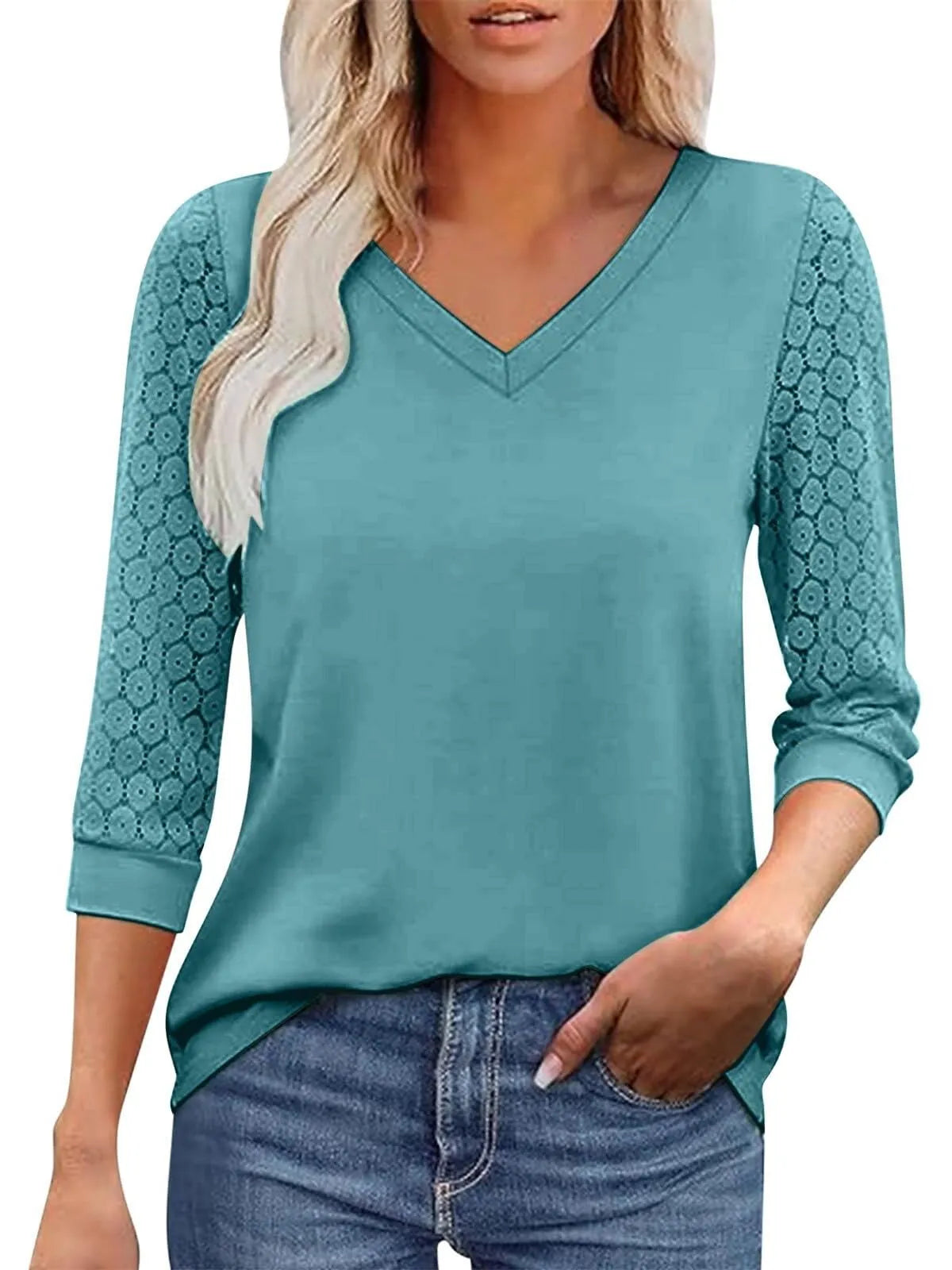 Solid Lace V-Neck Lace Tunic Casual T-shirt