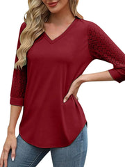 Solid Lace V-Neck Lace Tunic Casual T-shirt