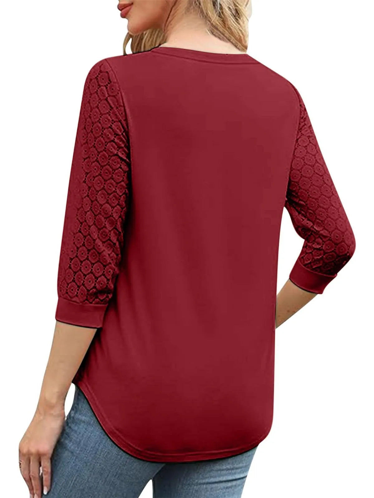 Solid Lace V-Neck Lace Tunic Casual T-shirt