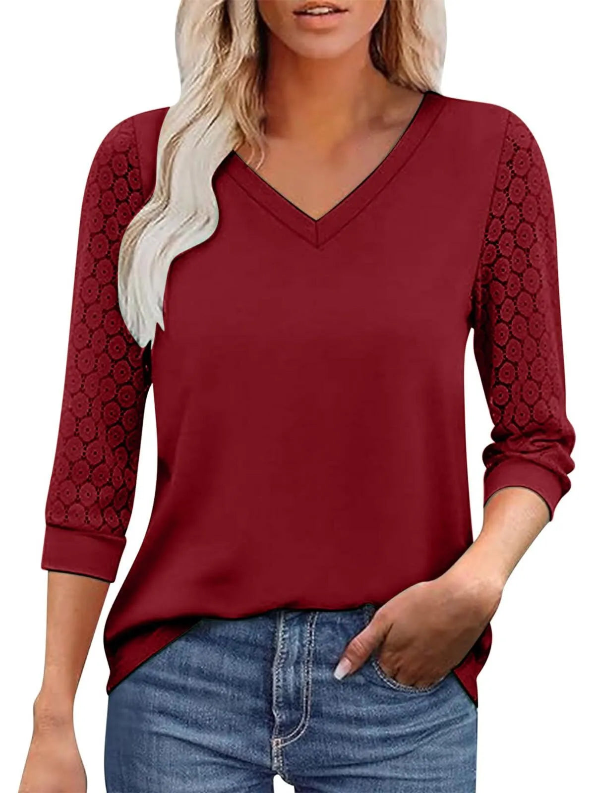 Solid Lace V-Neck Lace Tunic Casual T-shirt