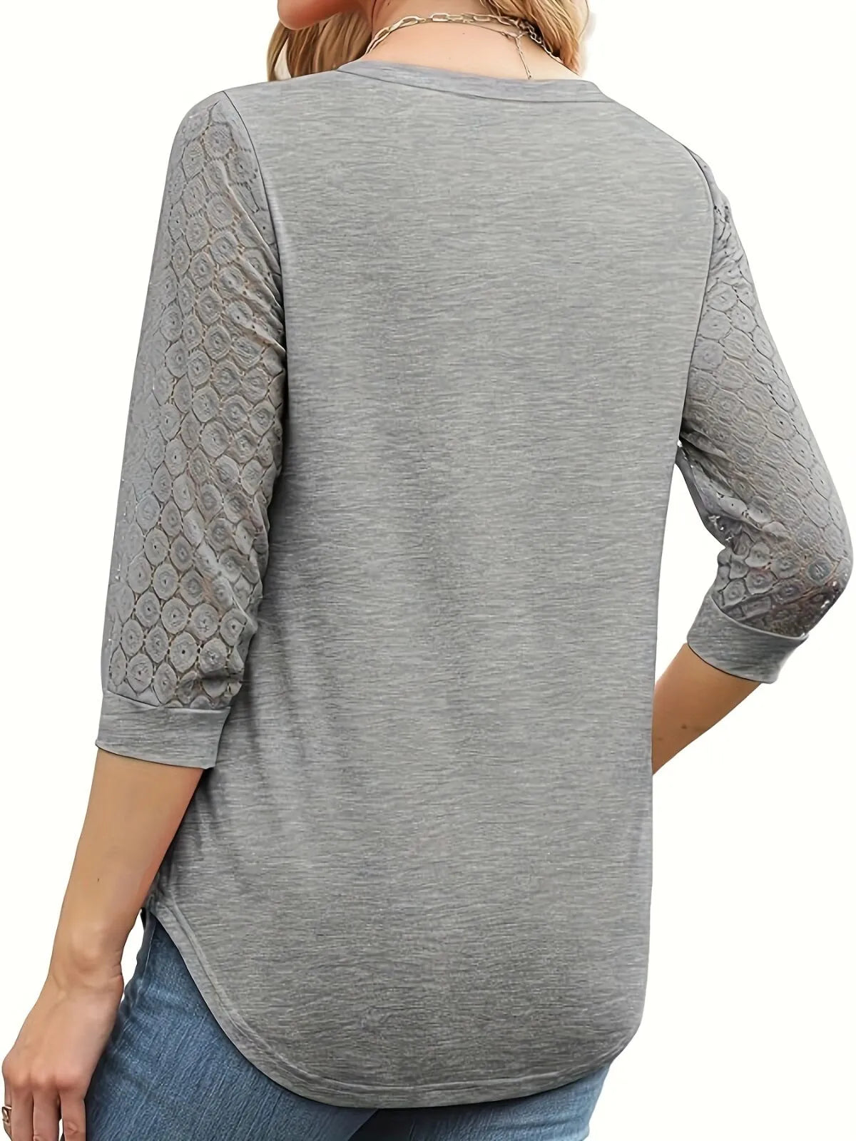 Solid Lace V-Neck Lace Tunic Casual T-shirt
