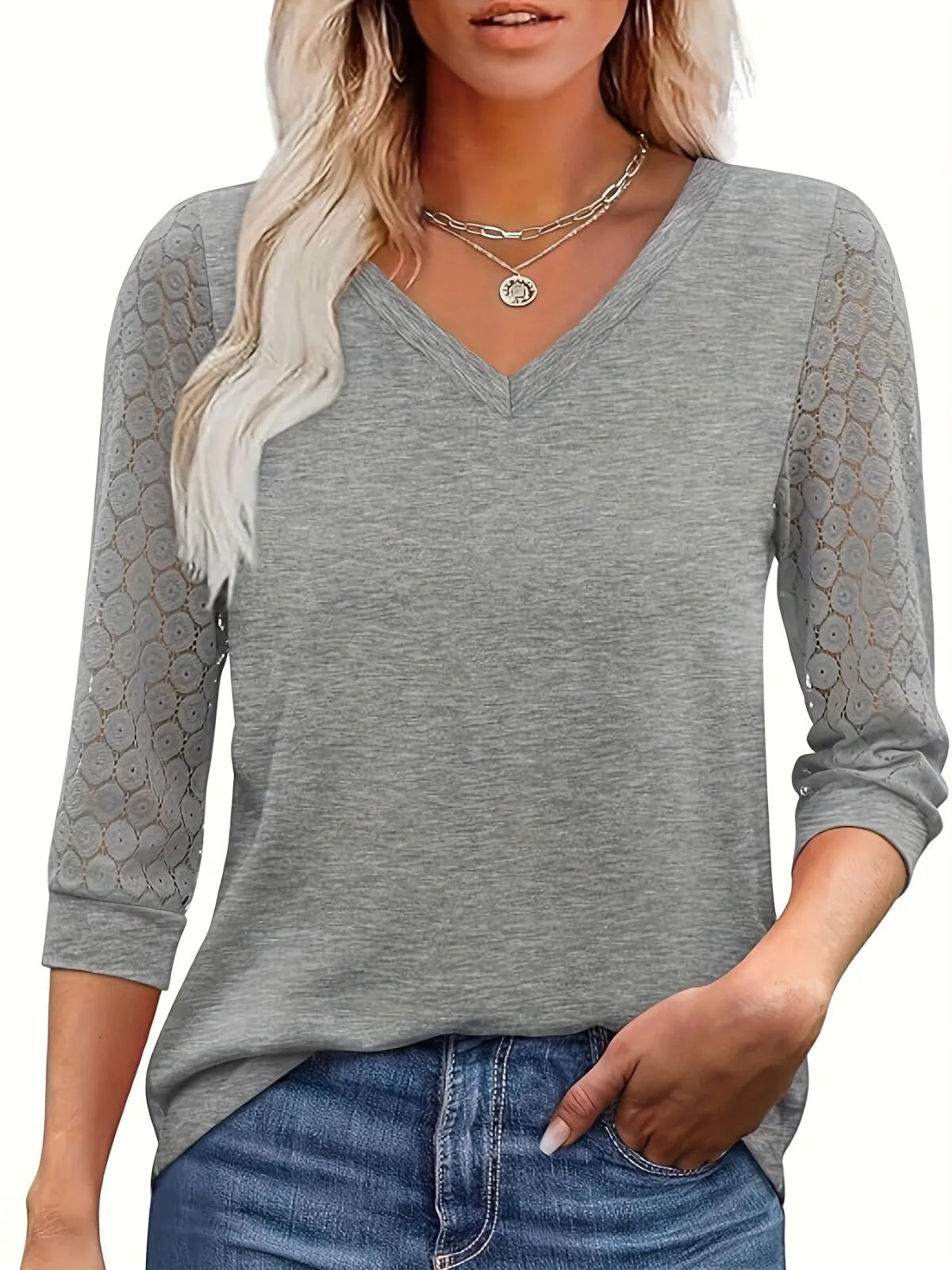 Solid Lace V-Neck Lace Tunic Casual T-shirt