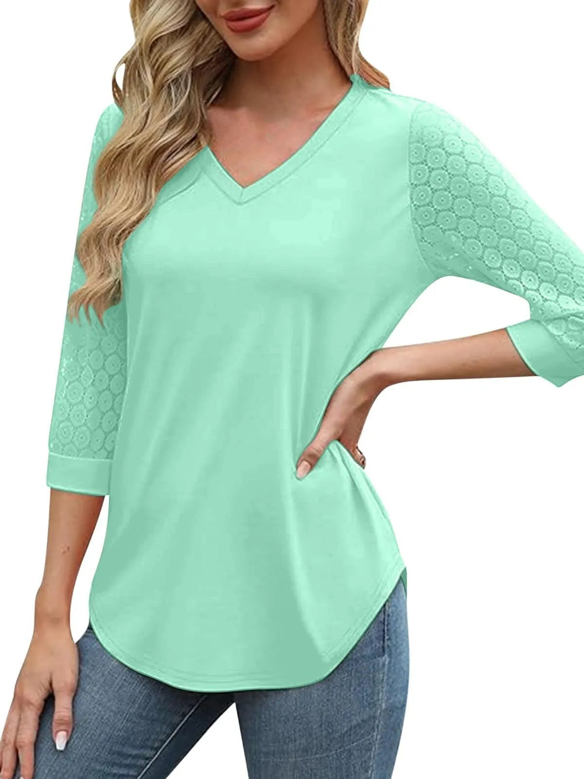 Solid Lace V-Neck Lace Tunic Casual T-shirt