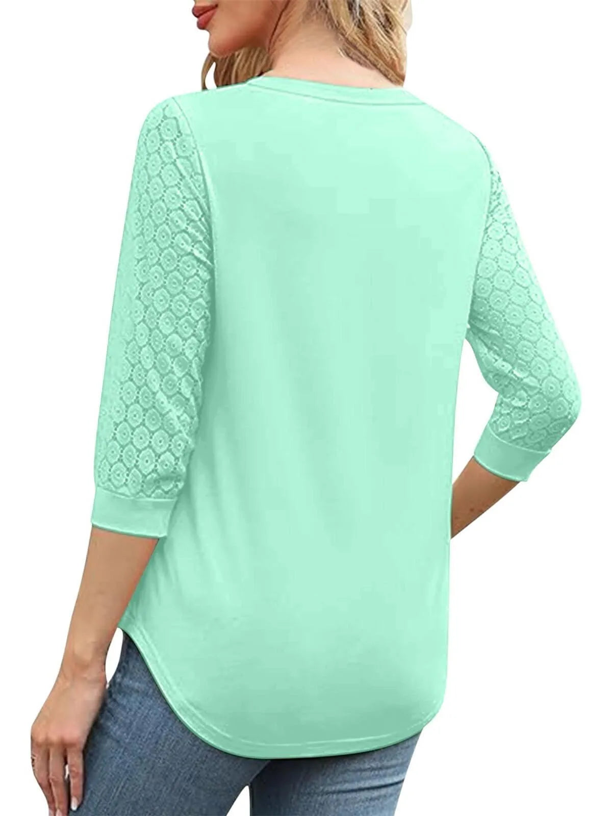 Solid Lace V-Neck Lace Tunic Casual T-shirt